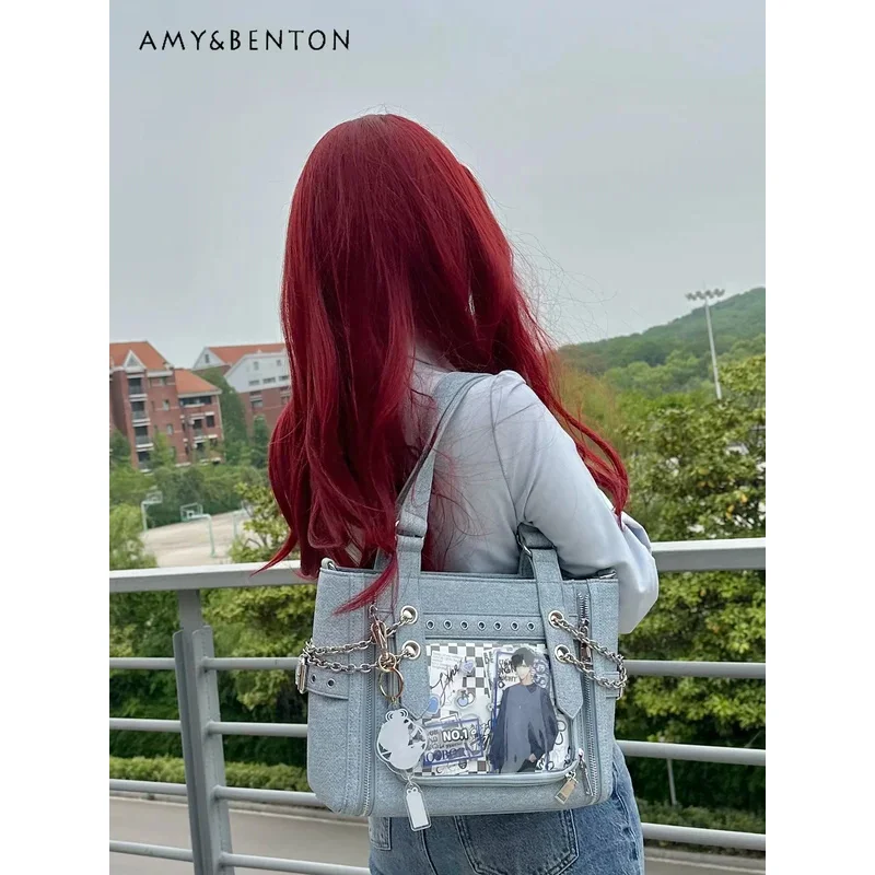 

25COSOriginal Cute Hot Girl Chain Denim Transparent Itabag Crossbody Bags for Women Preppy Style Versatile High-capacity Shoulde