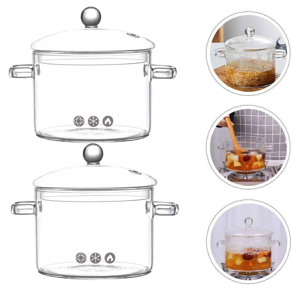 

2Pcs Glass Stew Pot Heat Resistant Clear Cooking Pot Saucepan Braised Soup Instant Noodle Kitchen Cookware Glass Saucepan