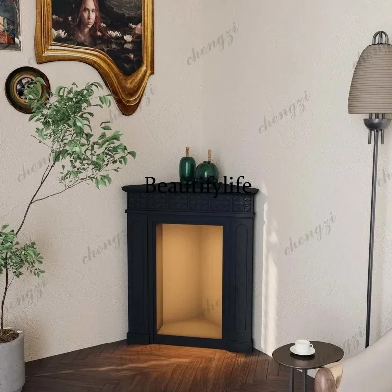 HR French corner fireplace cabinet cream wind belt light carving, porch corner side cabinet decoration against the wall