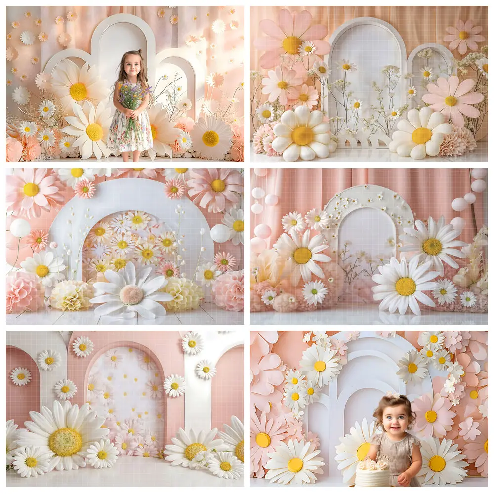 

Birthday Photography Background Boho White Daisy Flowers Arch Wall Girl Birthday Cake Smash Portrait Decor Backdrop Photo Studio