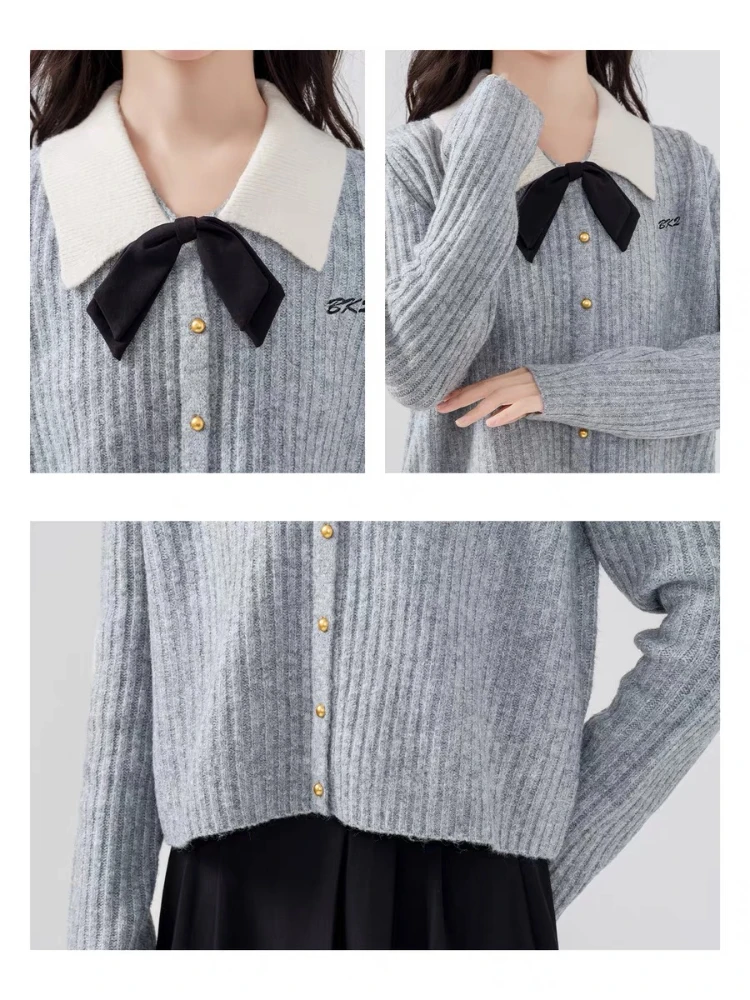 HOUZHOU Elegant Preppy Style Women Sweaters Sweet Coquette Korean Style Bow Knitted Cardigan Cropped Casual Old Money Knitwear