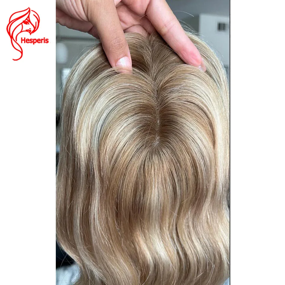 Hesperis Luxury Highlight 5x6" Full Mono Base Rooted Blonde European Hair Topper Free Part Human Virgin Hair Toupee For Women