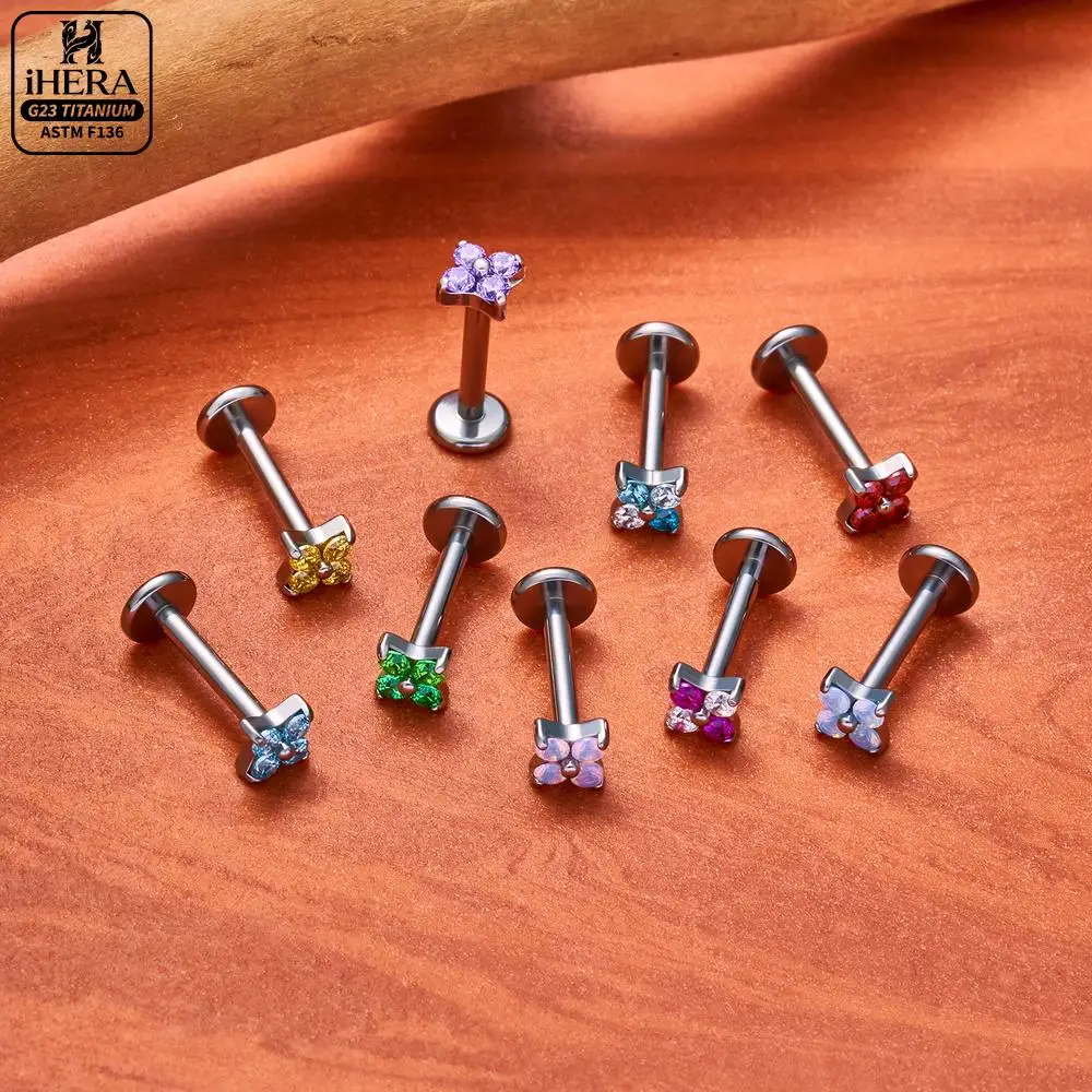ASTM F136 Titanium Sparkly Four Petal Flower Flat Back Labret Piercing Jewelry Set Conch Helix Tragus Nose Earring Lot Wholesale