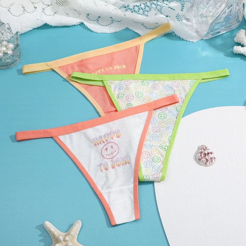 

3 шт., сексуальные женские стринги с принтом улыбки, тонкий пояс, трусики с Т-образной спинкой и низкой талией, удобные стринги для девочек, мягкое дышащее белье