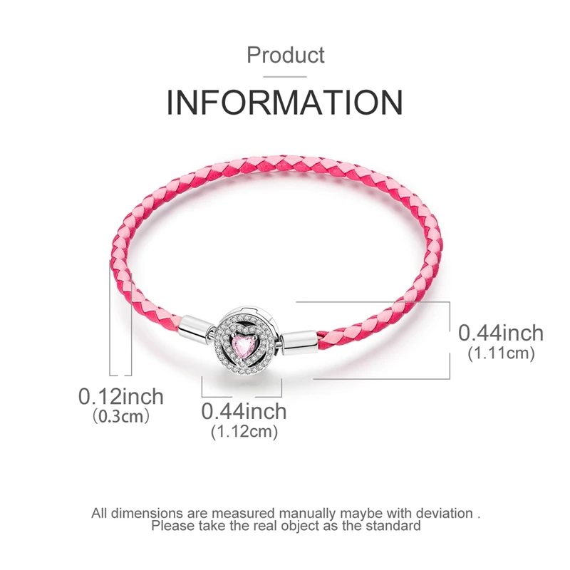 Maiden 925 Sterling Silver Pink Heart-Shaped leather Rope Hand Woven Basic Chain Romantic Lover Gift Jewelry