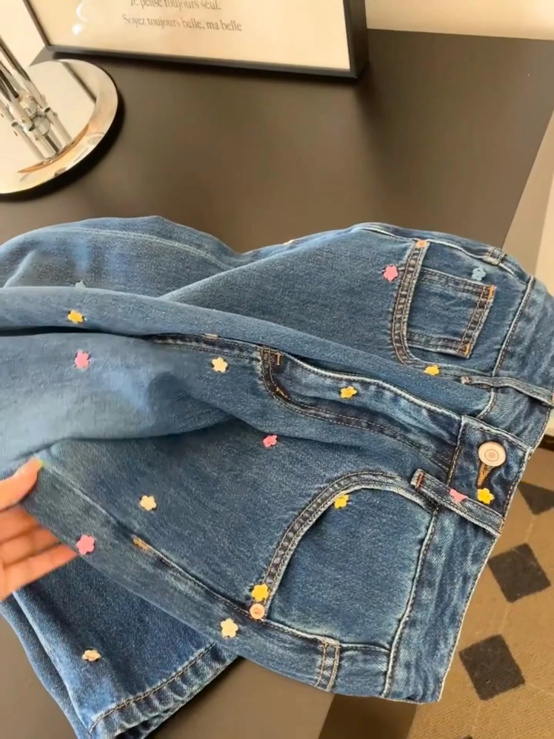 

Colorful Floral Embroidered Jeans For Women Korean Style High Waist Casual Straight Denim Pants Retro Versatile Wide Leg Trouser