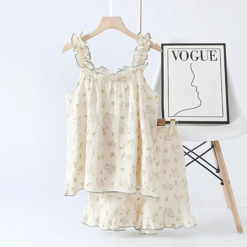Sweet Summer Pajamas For Women Short Sleeved Suspender Shorts Two=Pieces Thin Sleepwear Set Printed Loose Casual Home Wear
