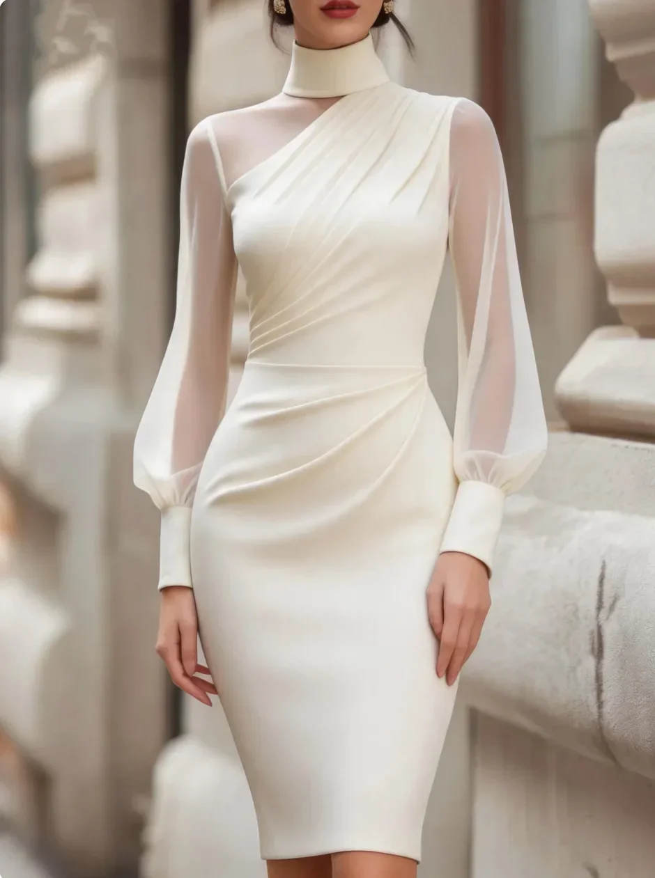 Damen Rollkragen-Choker-Midikleid mit Asymmetrischem Drapiertem Oberteil, Transparenten Bischofsärmeln und Gerafftem Cocktailkleid für Partys – Detail 7