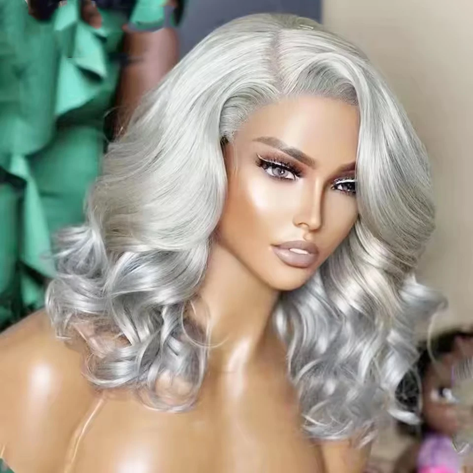 MXWIG Synthetic Hair Grey Bob Body Wave Glueless  13X4 Lace Front Wig For Black Women Preplucked 26 