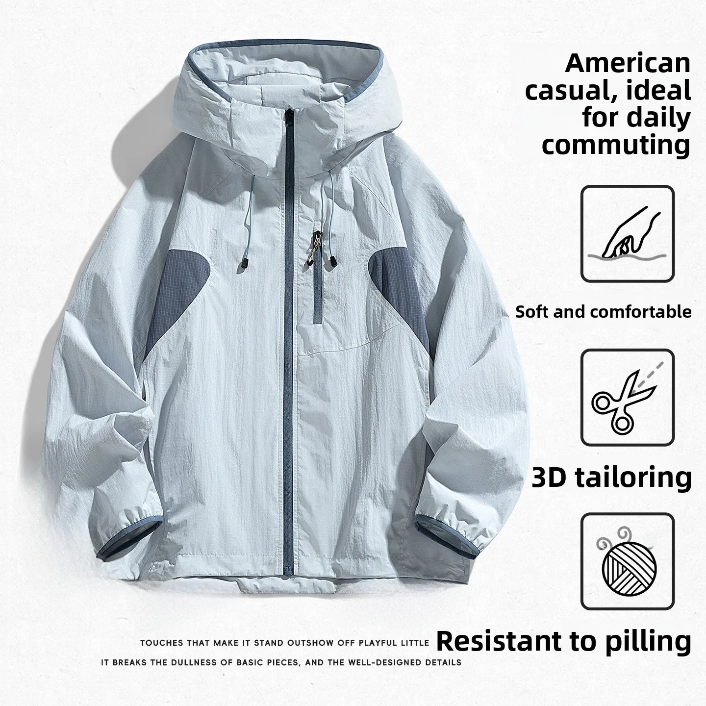 

2026 New Men's Hooded Jaet Loose Outdoor Lightweight Windproof Breathable Splicing Design Waterproof Hiking Clothing