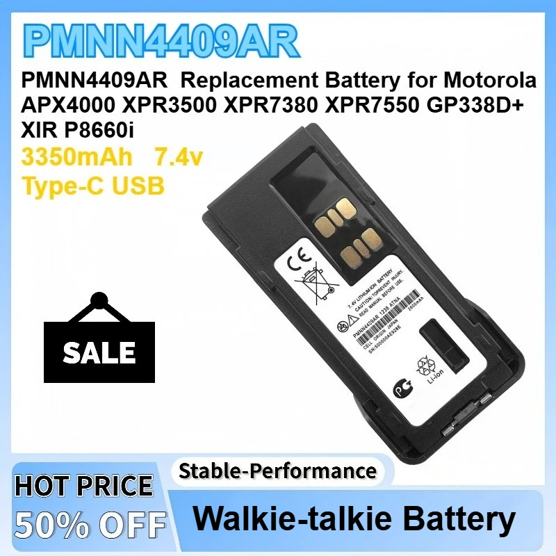 

3350mAh 7.4V PMNN4409AR Type-C USB Replacement Battery for Motorola APX4000 XPR3500 XPR7380 XPR7550 XIR P8660i Two Way Radios