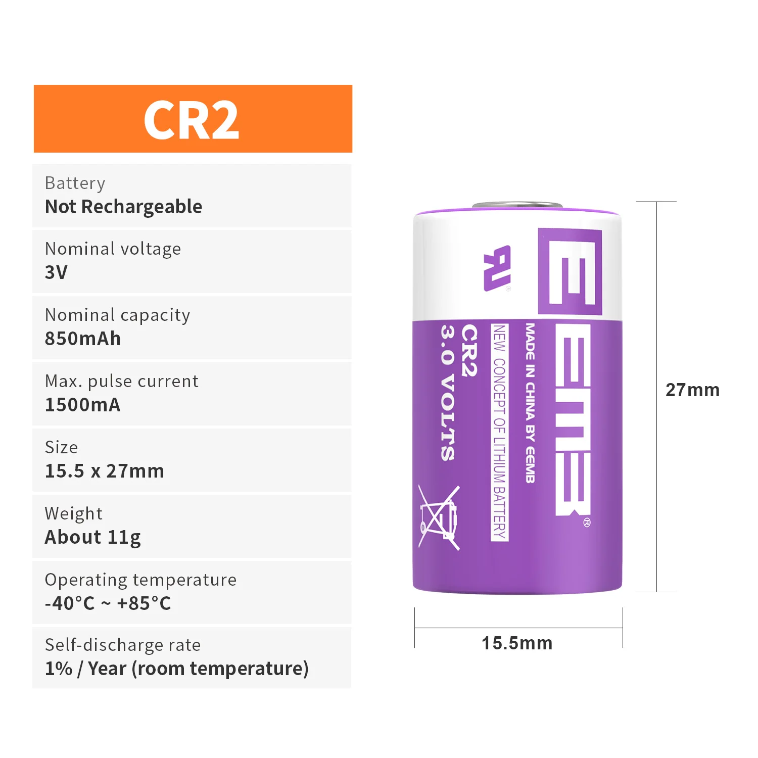 EEMB CR2 3V bateria litowa 850mAh nieładowalna bateria do mikrofonów kamera czujnik dymu dzwonek do drzwi latarka