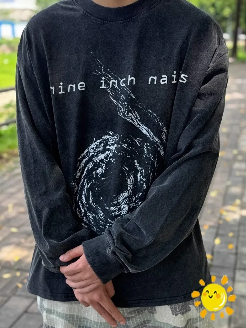 

New Nine Inch Nails Vintage Long Sleeves T-shirt Men Women Tops Washed Tee T Shirt Hip hop