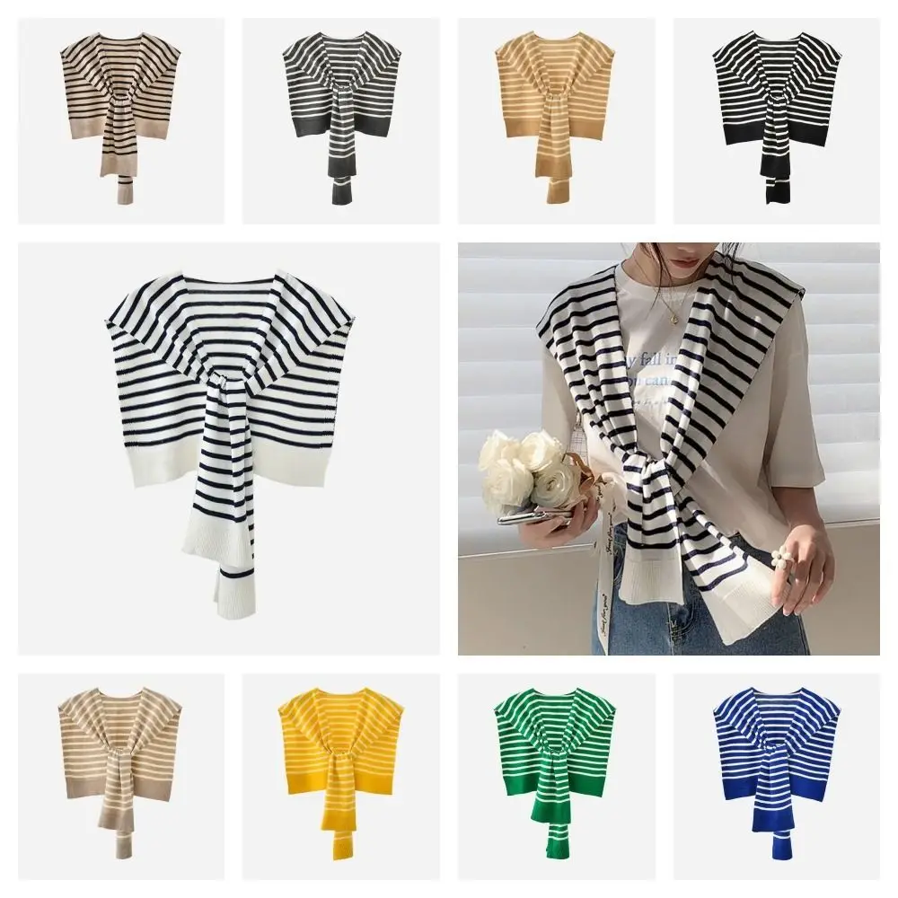 All-match Korean Style Scarves Stripe Knitted Shawl Knotted Cape Neck Guard Blouse Candy Color Elegant Fake Collar Wraps Women