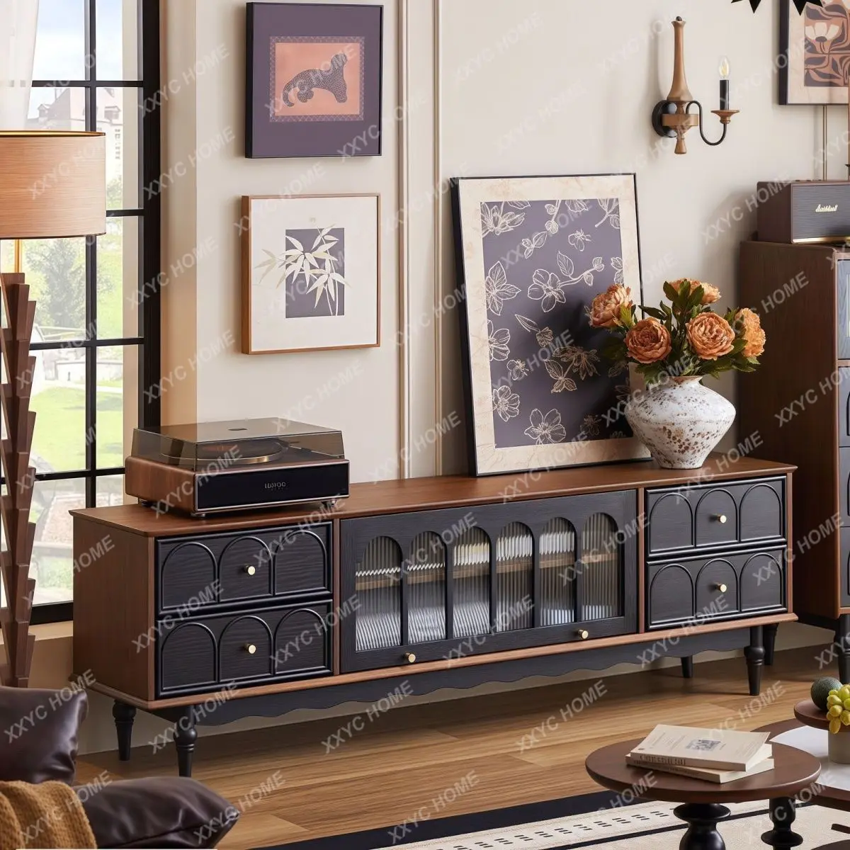 L retro solid wood TV cabinet coffee table floor locker  storage cabinet