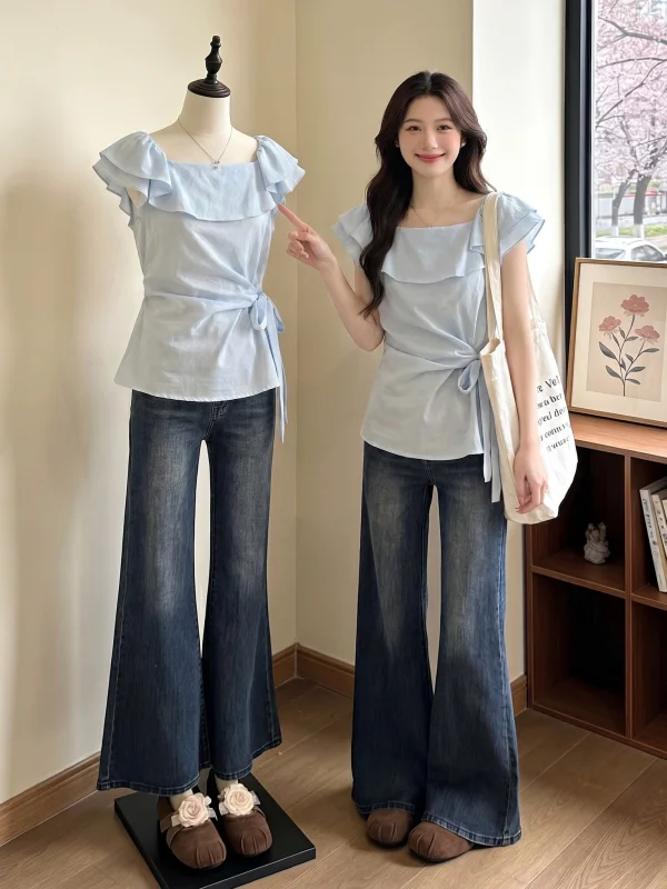 Beautiful Women's Short Sleeve One-Shoulder Shirt Pleated Waist Design Korean Style Summer New Arrival plus Size Clothing