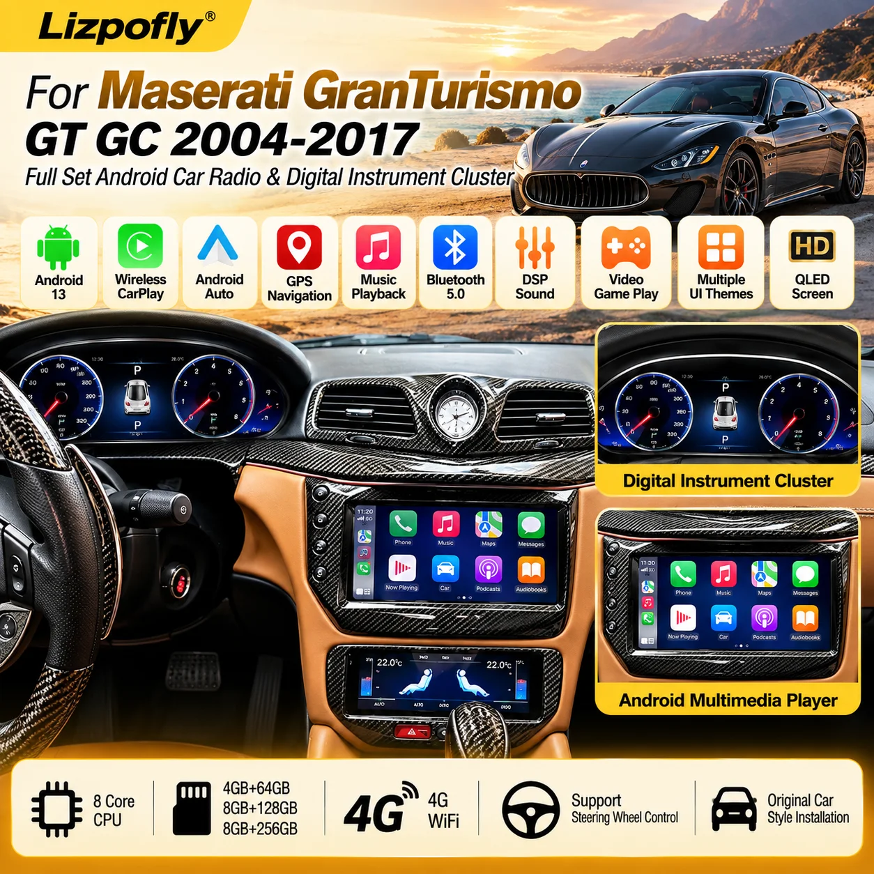 Full Set Android Car Radio Digital Instrument Cluster For Maserati GranTurismo GT GC 2004-2017 Carbon Fiber Multimedia Head Unit