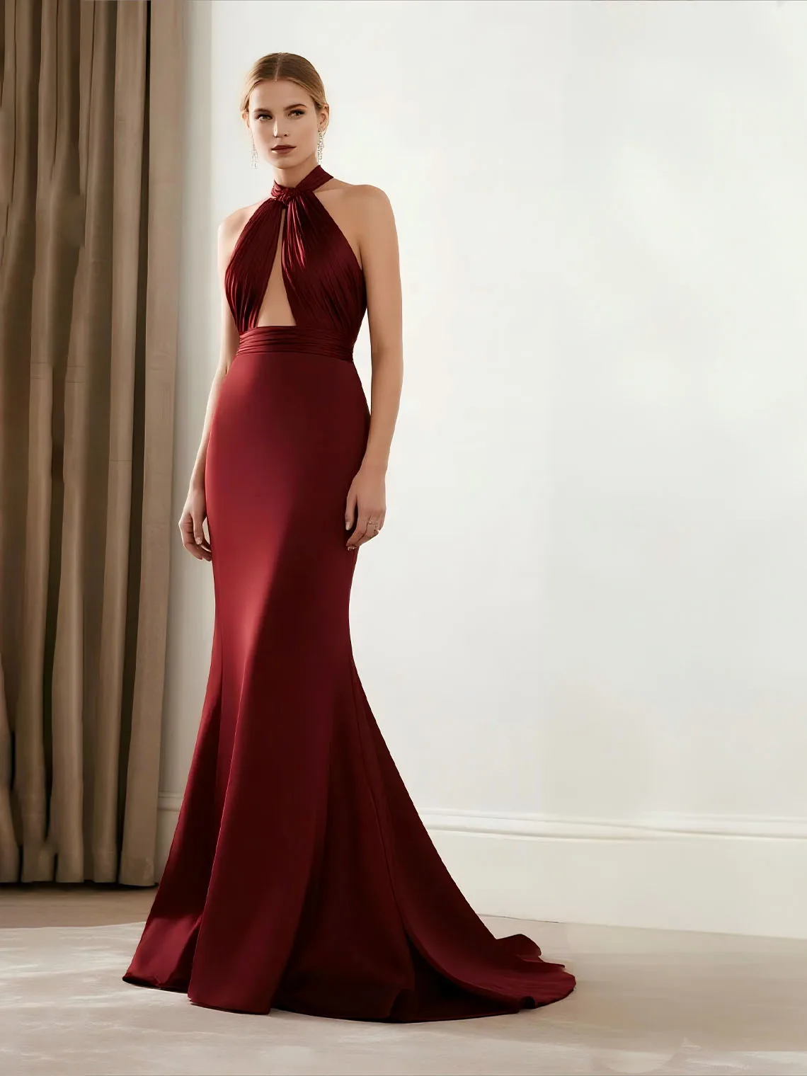 

Elegant Halter Satin Mermaid Long Wedding Guest Dress Sexy Sweep Train Sleeveless Backless Bridesmaid Dress 2025 Free Customized