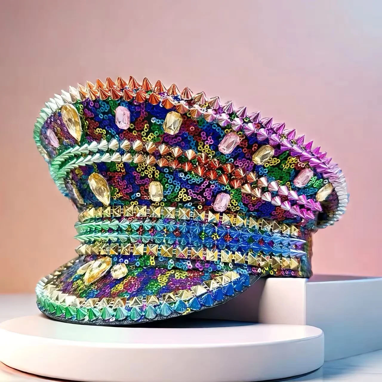 HongLuan Cappello colorato per costume di Halloween, Cappelli da capitano con strass per donna da festival Burning Man, Accessori femminili cosplay