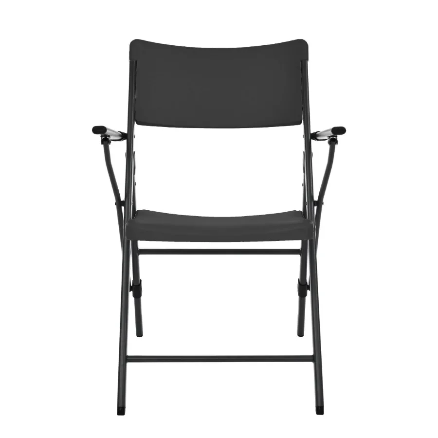 2-pack of black commercial plastic folding chairs with armrests for indoor and outdoor use, lightweight design, easy to clean