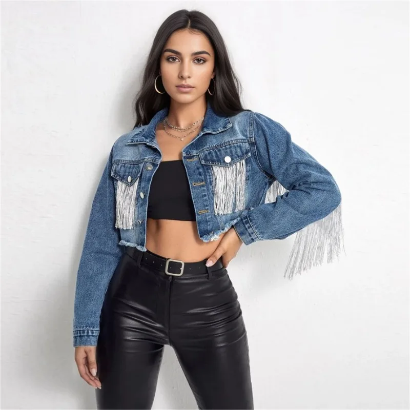 

Y2k Streetwear Cropped Jacket Jean Jacket Fringe Patchwork Denim Coat Women's Vintage Outerwear Single-breasted Long-sleeved Top