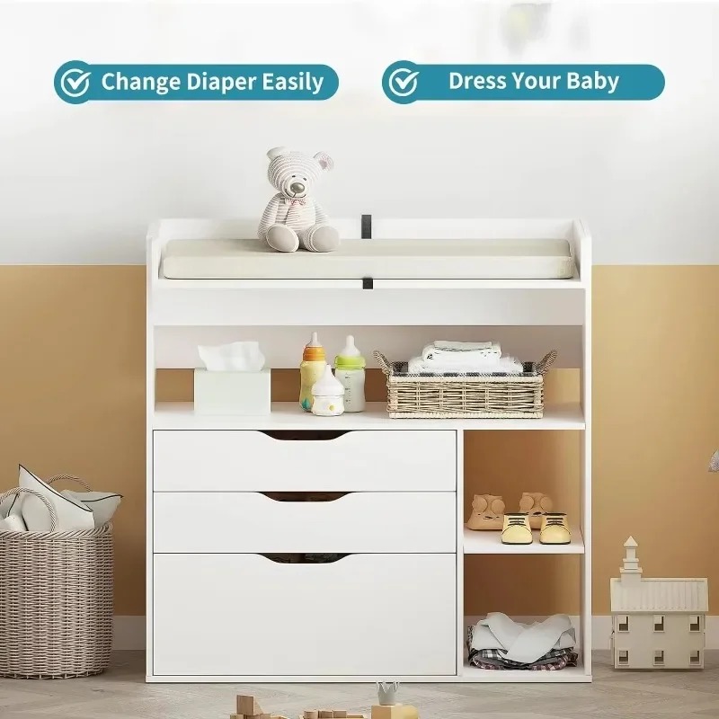 Contemporary minimalist MDF white baby changing table with 3 drawers and storage rack secure nursery vanity cabinet