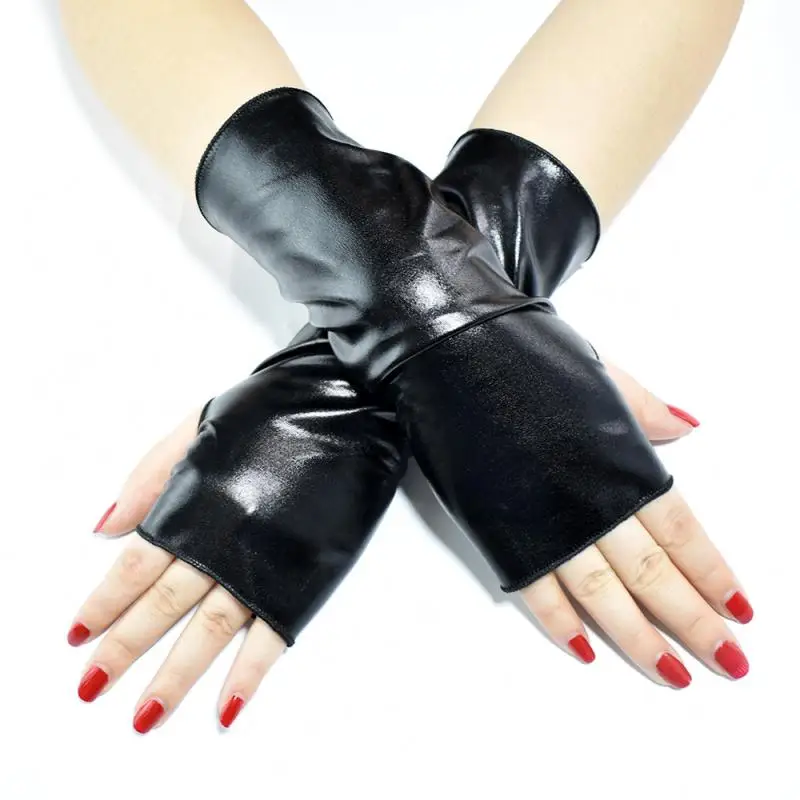 Cool Short Fingerless Bright Black Patent Leather Gloves Halloween Dress Up Fashion Punk Style Hip-Hop Dance Gloves C005