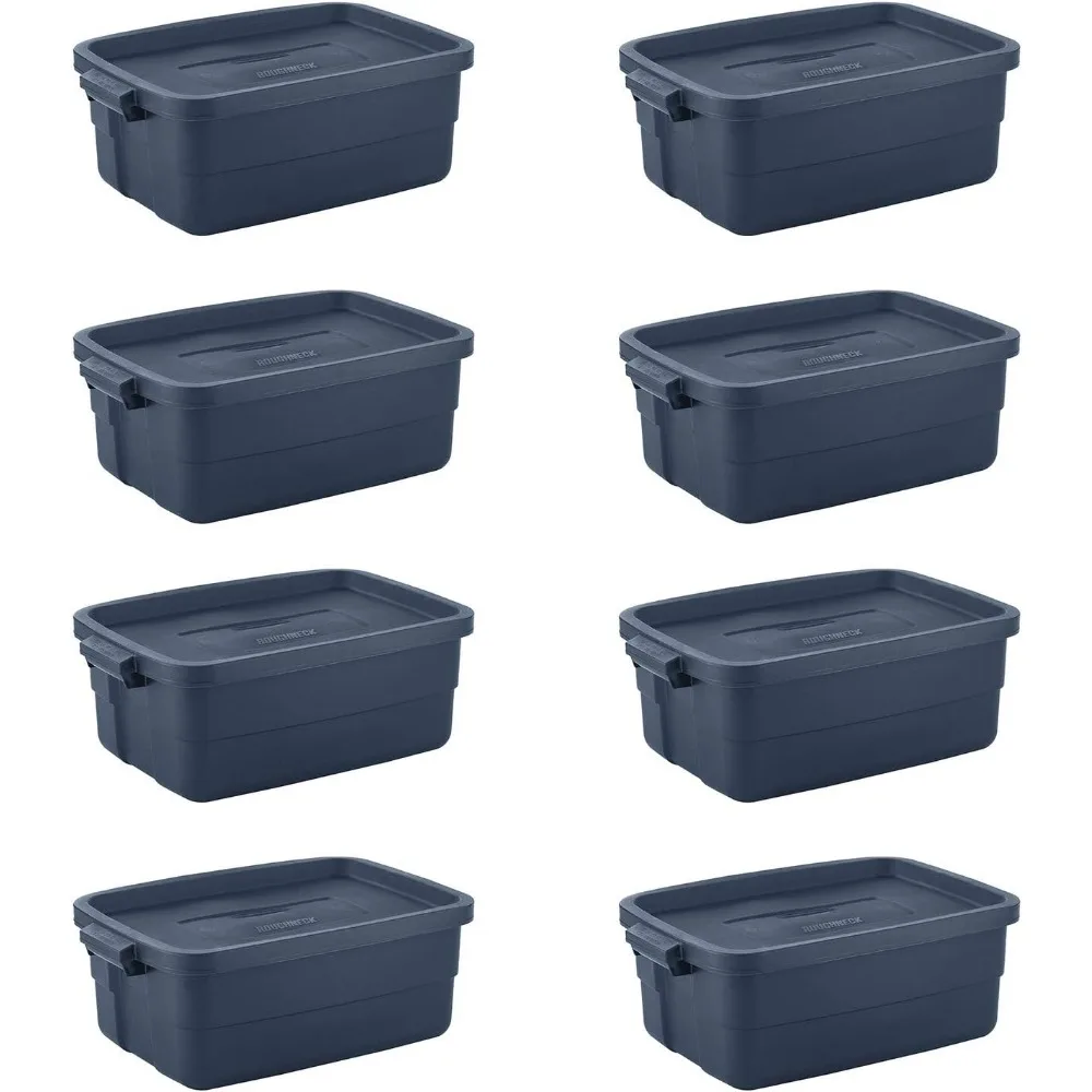 Rubbermaid Roughneck Tote 10 Gal - 8 Pack |Made in the USA| Dark Indigo Metallic, Rugged Plastic Stackable Storage Tote with