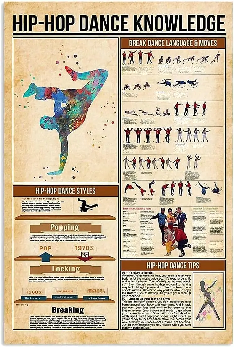 FEBIOAW Affiche d'art murale Hip-Hop Dance Knowledge, réplique vintage, plaque en étain, 12 x 16 pouces, décoration rétro vintage
