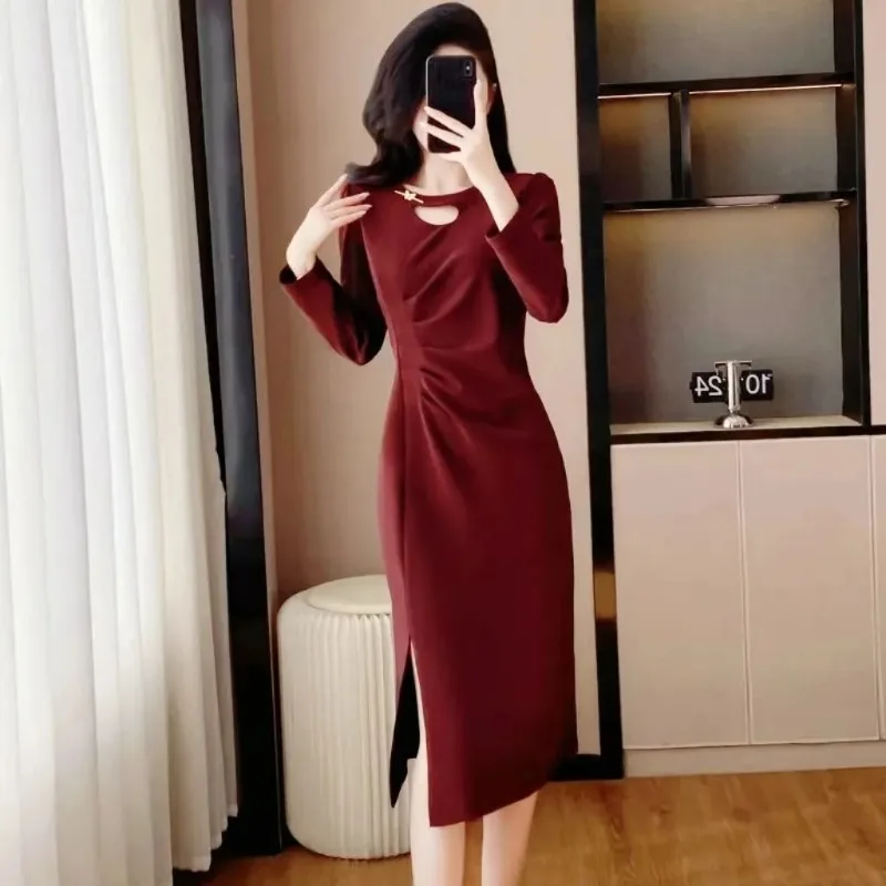 Abito elegante alla moda a maniche lunghe smock da donna con scollo tondo in tinta unita