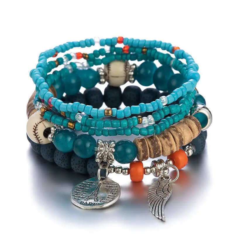 Bohemian Multi Layer Stretch Colorful Seed Bead Bracelets Ethnic Style With Wing Eiffel Tower Charms For Women Western Jewelry