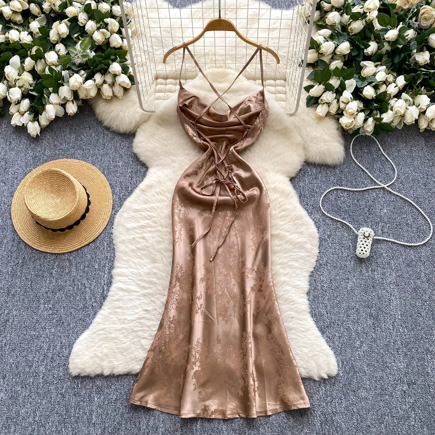 Seksowna, dopasowana sukienka vintage z satyny żakardowej, bez pleców, bez rękawów, długa, syrenka, elegancka letnia sukienka, odzież damska na wakacje.