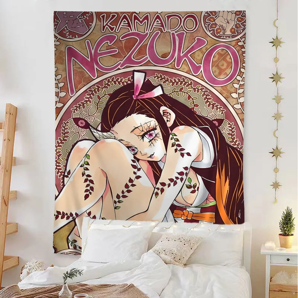 Demon Slayer Nezuko Kamado Anime Tapestry Hippie Flower Wall Carpets Dorm Decor Cheap Hippie Wall Hanging