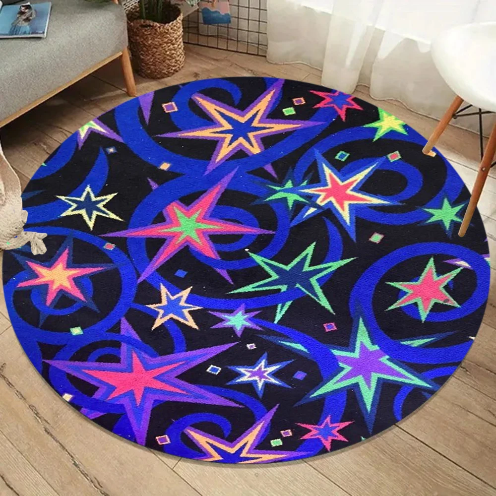 Neon Psychedelic Star Pattern Round Rug Vibrant Color Retro Groovy Carpet Anti-Slip Large Area Rug for Living Room Bedroom Decor