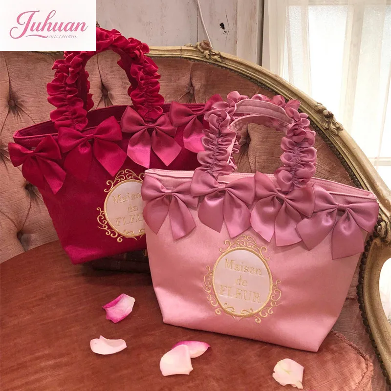 

Японская женская сумка с розовым бантом и оборками, милая женская сумка в стиле Лолиты, повседневная портативная сумка для покупок, повседневная большая сумка