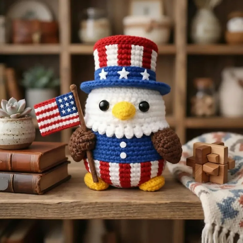 Patriotic Crochet Eagle Amigurumi Doll with US Flag, 4th of July Independence Day Home Decor Gift