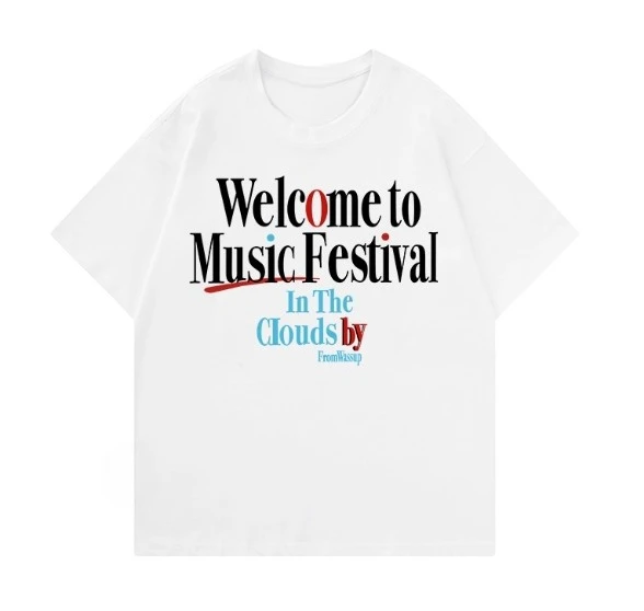 

Модная футболка унисекс из 100% чистого хлопка 2025 года. Повседневная футболка с буквенным принтом «Добро пожаловать в облачный музыкальный фестиваль»