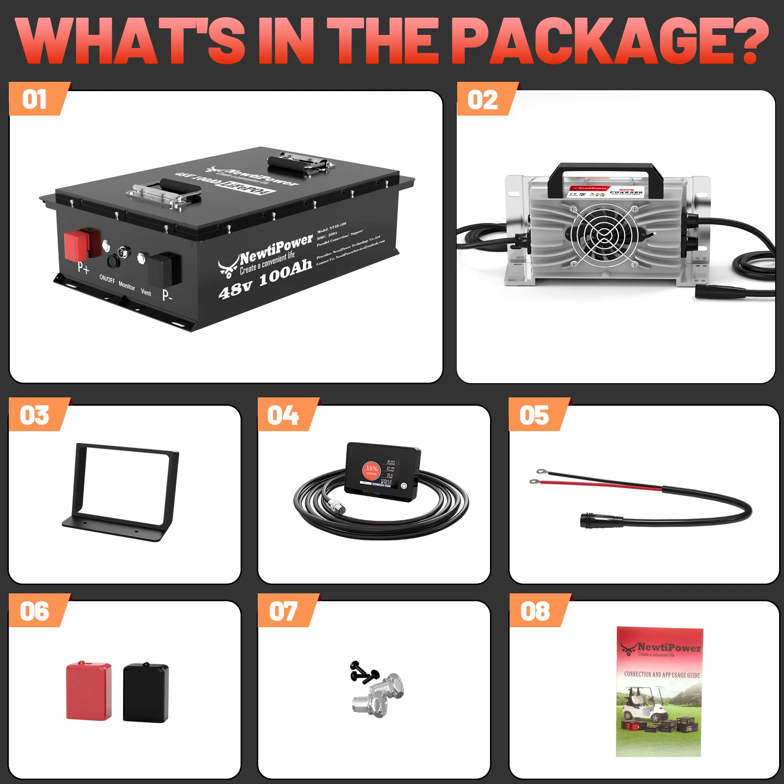 NewtiPower 48V 100Ah LiFePO4 Golf Cart Battery Built-in Bluetooth BMS Deep Cycle Lithium Battery Complete Kit With Charger Ship From US Warehouse 3-7 Days Fast Delivery For Golf Cart