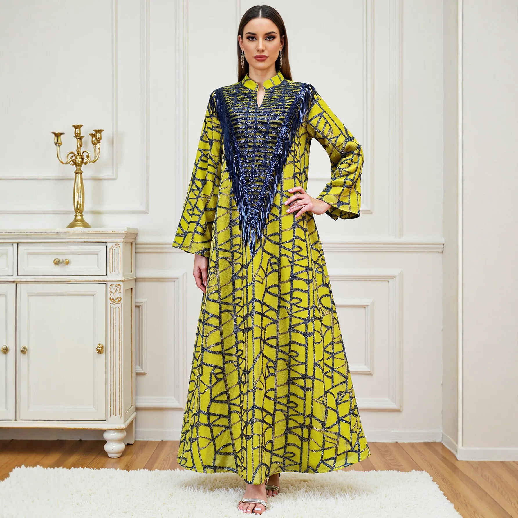Women Yellow Sequins Embroidered Tassles Elegant Daily Loose Ethnic Dresses Ethnic Fashion Female Casual Daily Jalabiya Clothes