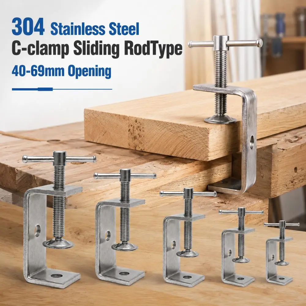 304 Stainless Steel C-clamp Adjustable 40-69mm Opening Square Clamp Sliding RodType Sturdy Fixed Holder Clip Hardware Fasteners