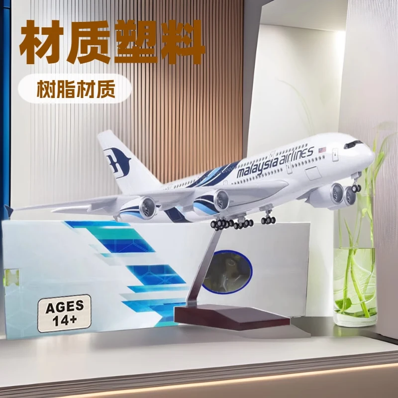 

47CM A380 Malaysia Air a380 Model Diecast Resin Airplane Airbus Collection Display With Light&Wheel Decoration Home Display Gift