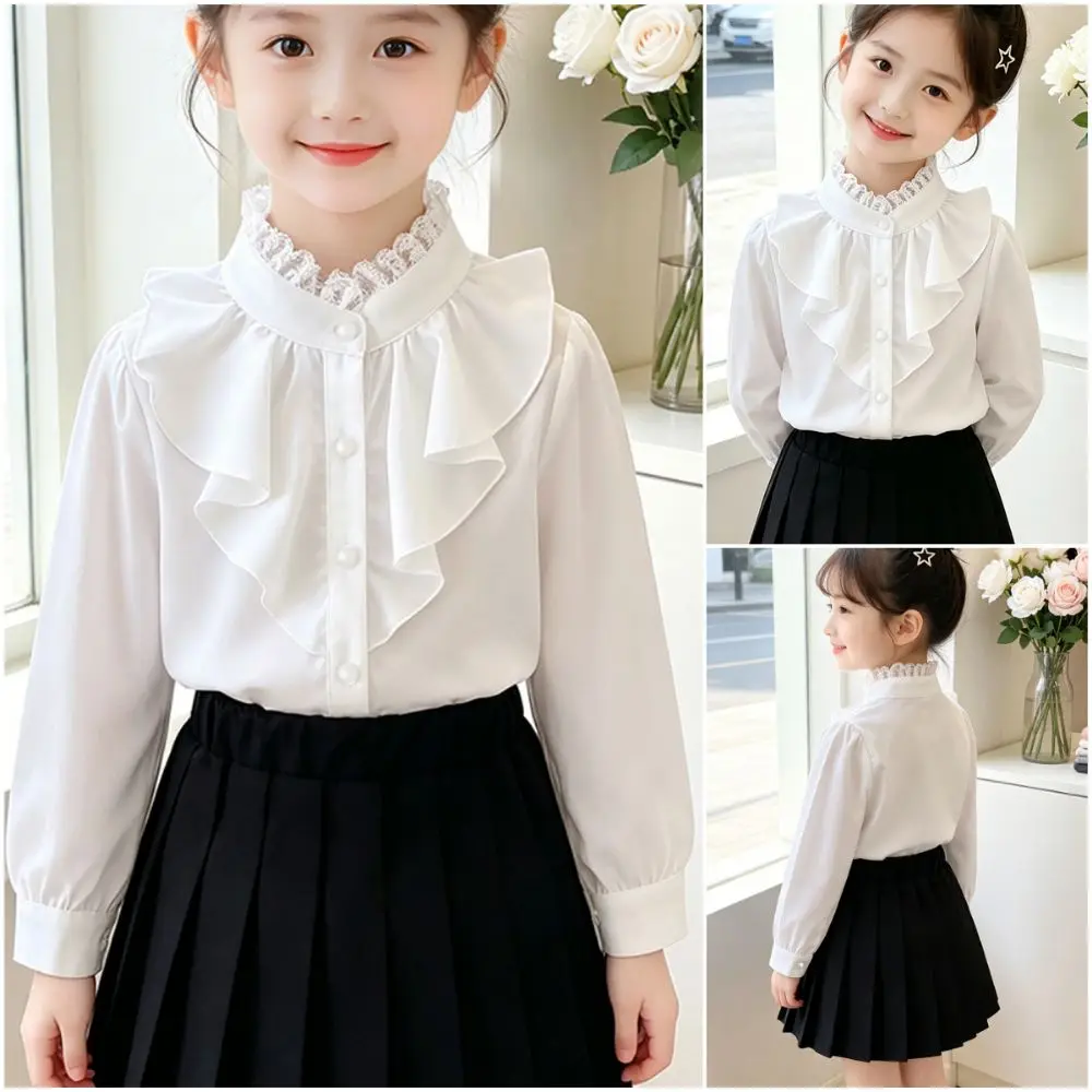 White Girl Long Sleeve Shirt Lace Long Sleeve Girl White Blouse Lightweight Button Front Girl Chiffon Blouse for School Girls