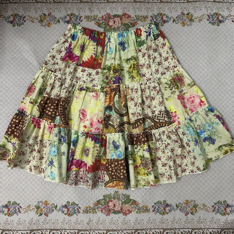 Retro Forest-style Floral Design Midi Skirts France Elegant Print Loose Fit Patchwork Skirt Aesthetic Casual Princess Clothing