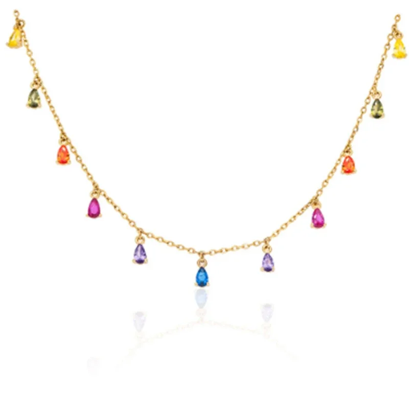 

Hot Sale 925 Sterling Silver Statement Jewelry 18k Gold Plated Rainbow Colorful Zircon Water Drop Charms Necklace