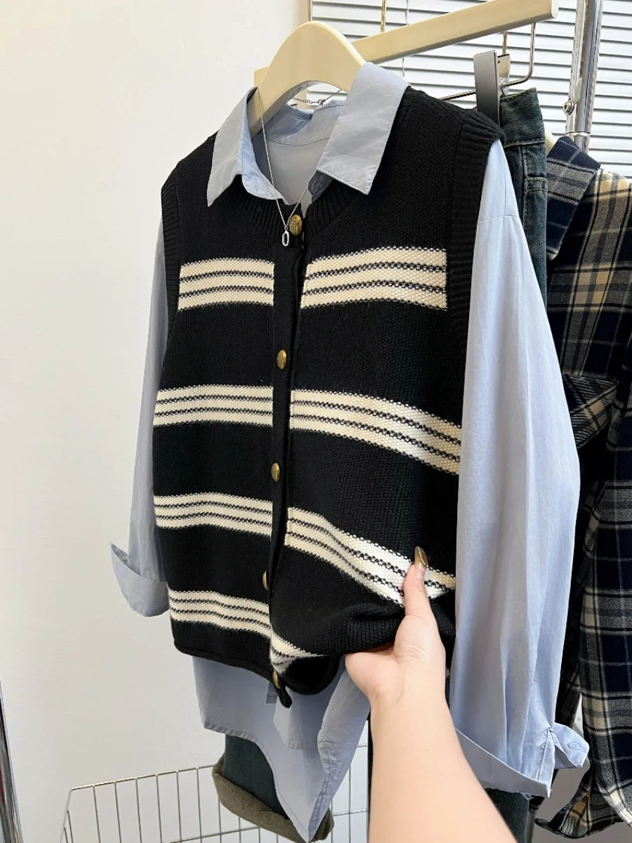 

Вязаный кардиган-жилет в полоску для женщин, свободная верхняя одежда с подплечниками, свитер-топ для весны и осени, для повседневной носки