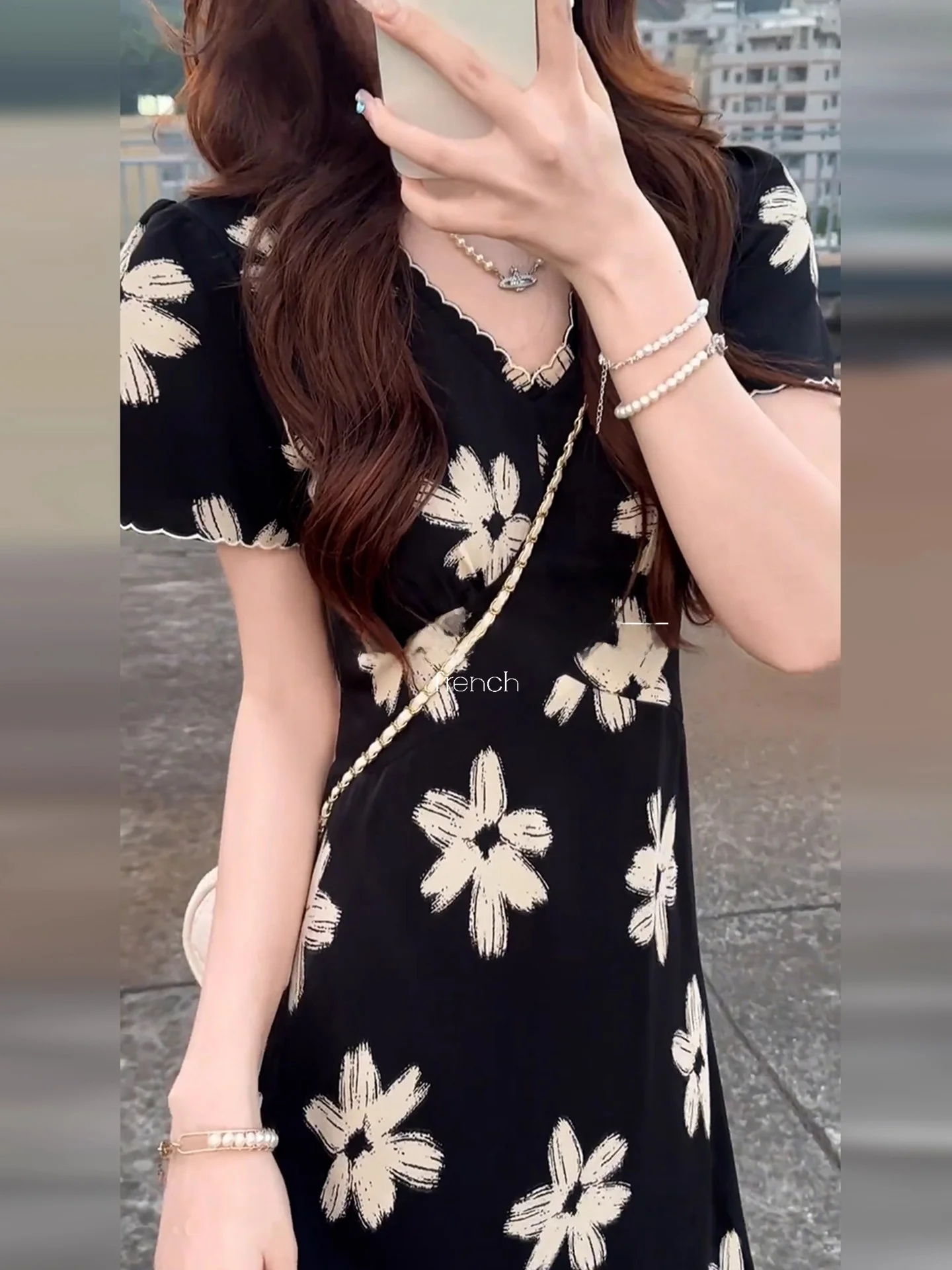 

ROUJE KEFSS Black Floral V-neck Women's Dress Summer Slim Fit Short Sleeve High Waist Long Dress Casual Loose A-line Skirt