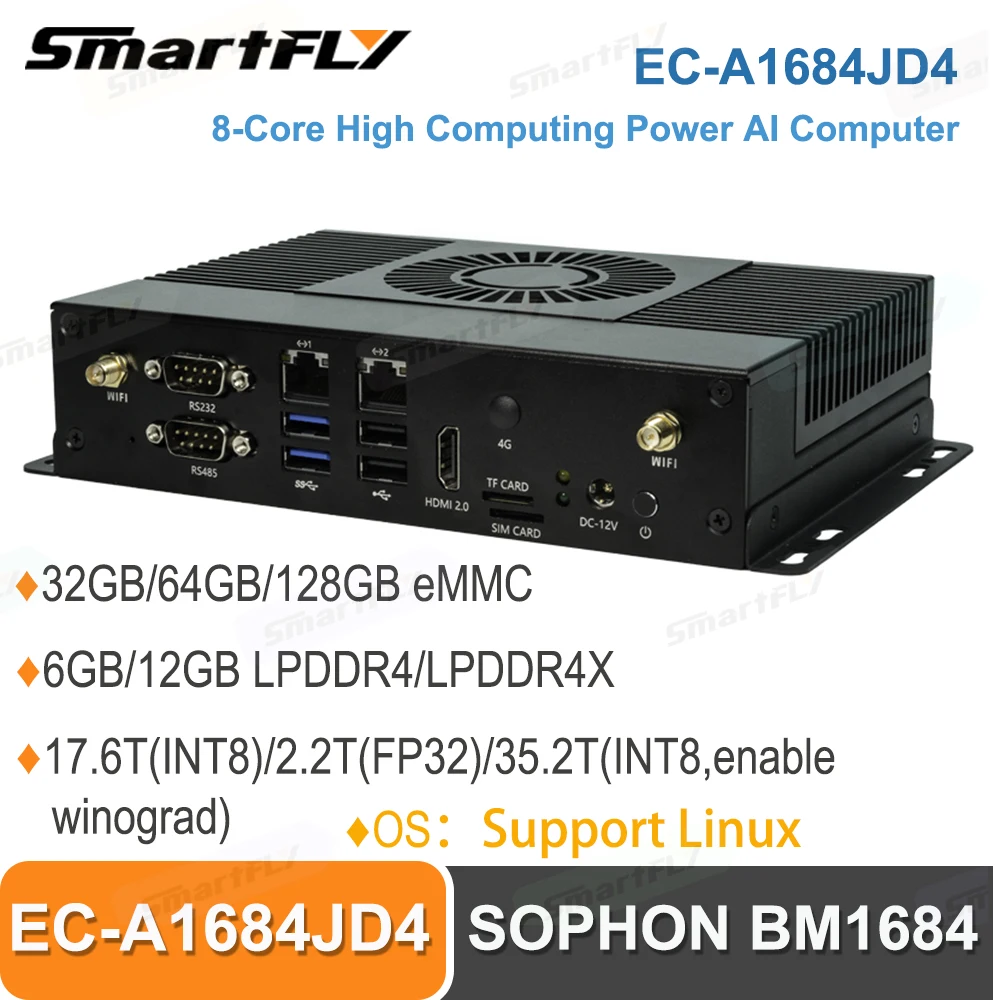 

Smartfly EC-A1684JD4 AI Edge Computing box SOPHON BM1684 17.6Tops High computing power artificial intelligence Support Linux