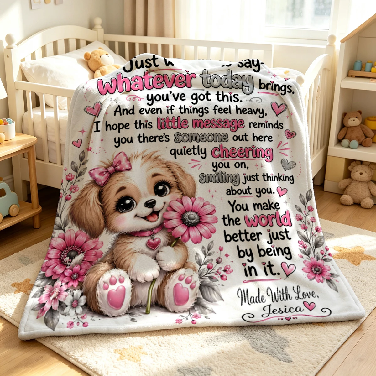 Pink Floral Puppy Quote Flannel Blanket Warm Soft Halloween Christmas Decorative Couch Warm Cozy All-Season Gift