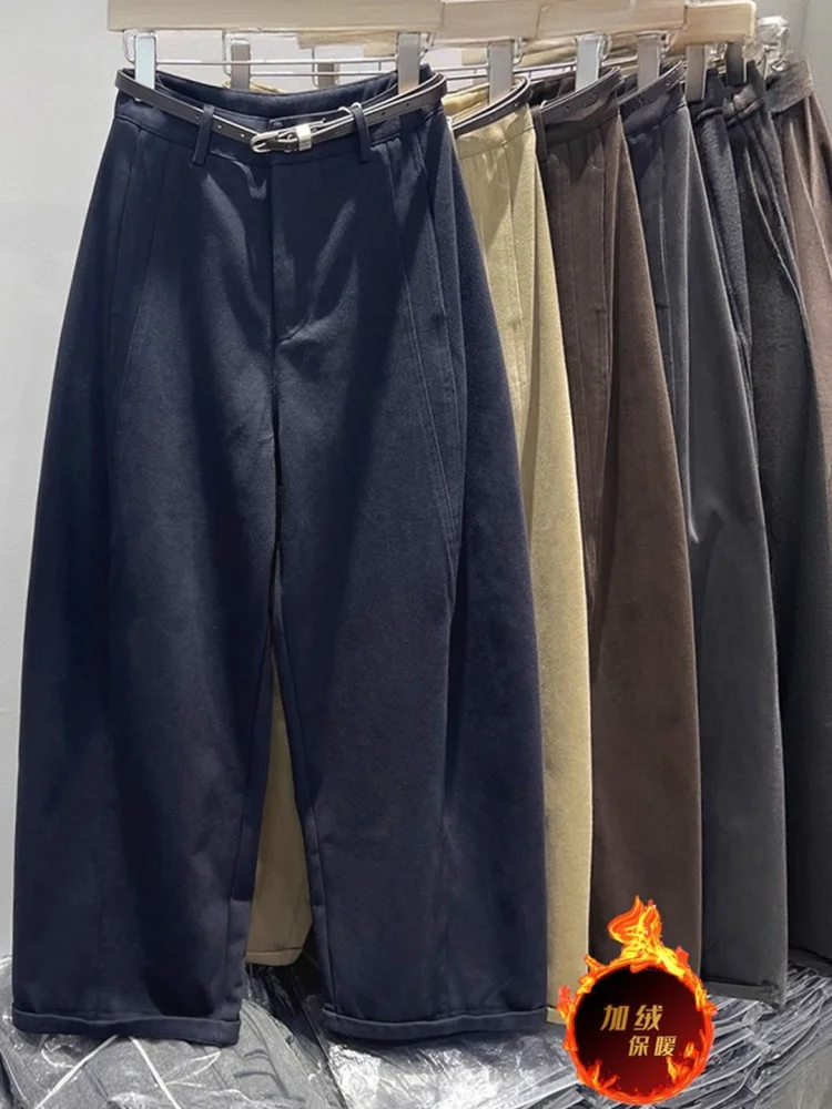 ハイウエスト裏起毛カジュアルストレートレッグパンツ レディース 冬新作 ゆったり着痩せ 暖かいワイドレッグロングパンツ