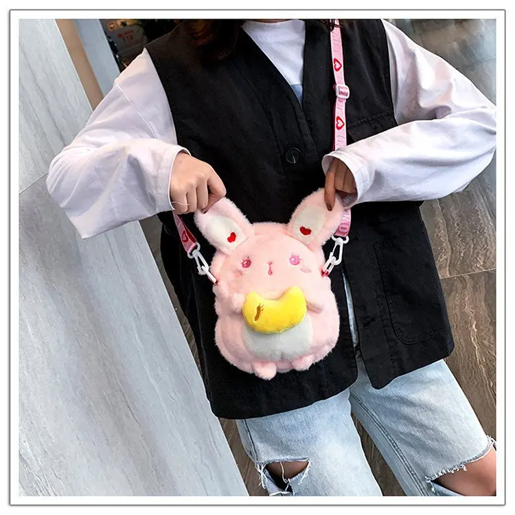 2024 New Cartoon Cute Soft Girl Crossbody Bag Autumn/Winter Hairy Shoulder Bag Girl Plush Rabbit Backpacks